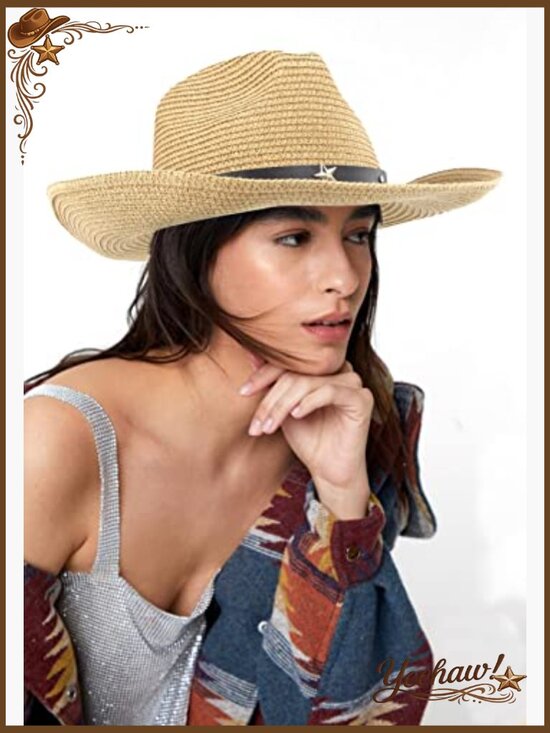 Straw Sun Hat Wide Brim UV Protection Beach Cowboy Style Foldable main image 6